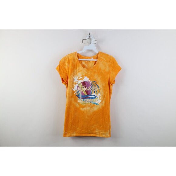 Vintage Y2K Guess Womens Size Large Spell Out Metallic Sunset Acid Wash T-Shirt - Picture 1 of 11